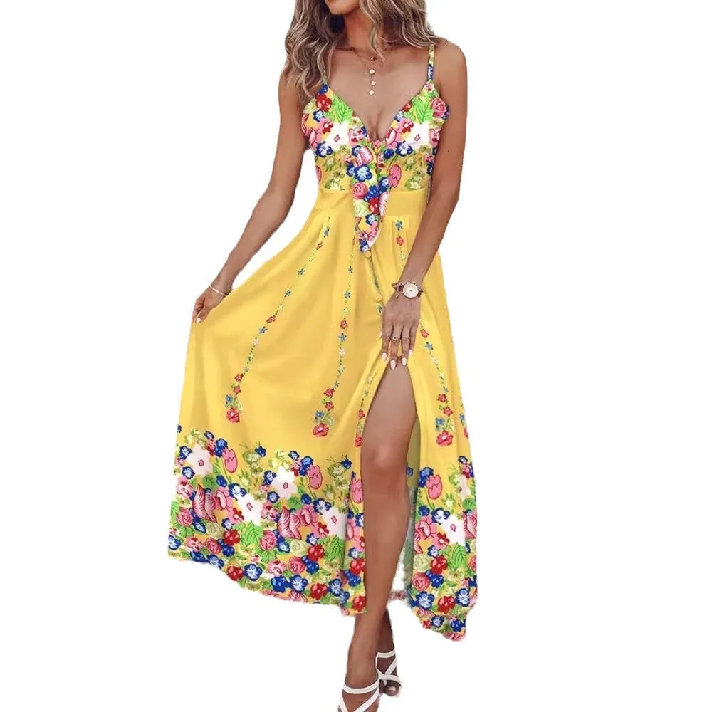 Flower Print New Casual Sleeveless Long Dress Women's V-Neck Printed Dress Swing Bohemian Retro Dresses Women Clothing 2024