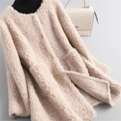 2024 Winter Women New Korean Granulated Sheep Shearling Fur Coat Cardigan Female Mid-Length Lamb Hair Faux Fur All-in-one Coat