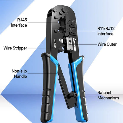 AMPCOM RJ45 Crimper RJ11 RJ45 Crimping Tool Ethernet Network LAN Cable Crimper Cutter Stripper Plier for 6P 8P RJ11 RJ12 RJ45