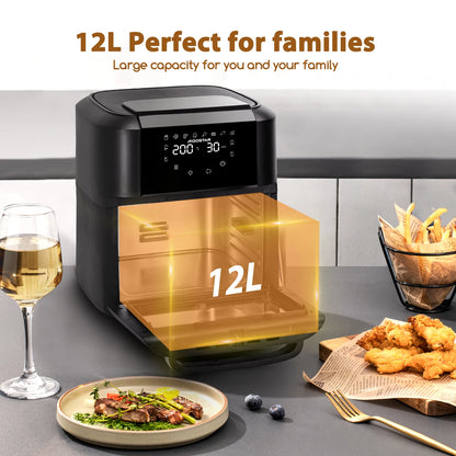 12L Large Capacity Air Fryer, Multi-function Air Oven, Includes 7 Accessories, Dishwasher Safe, LED Touch Screen, 8 Default Modes, Rotating System, BPA Free, 1500W