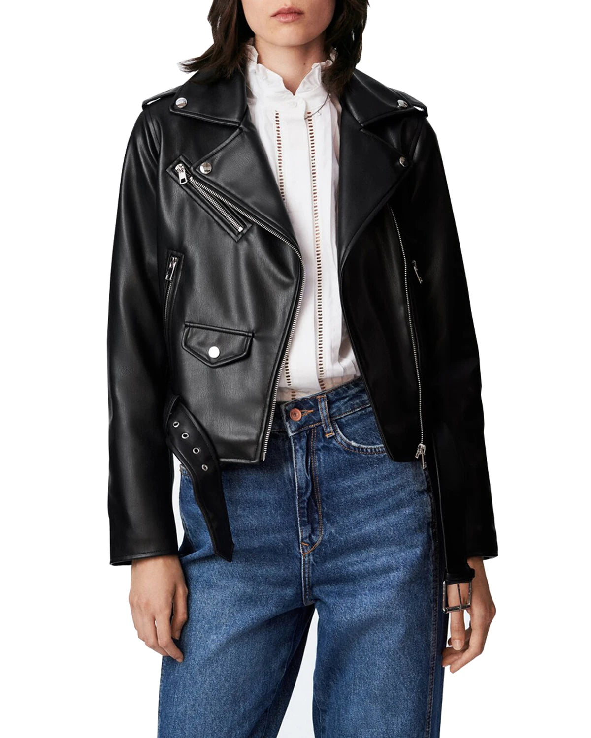 Women's Faux Leather Motorcycle Jacket PU Slim Short Biker Coat