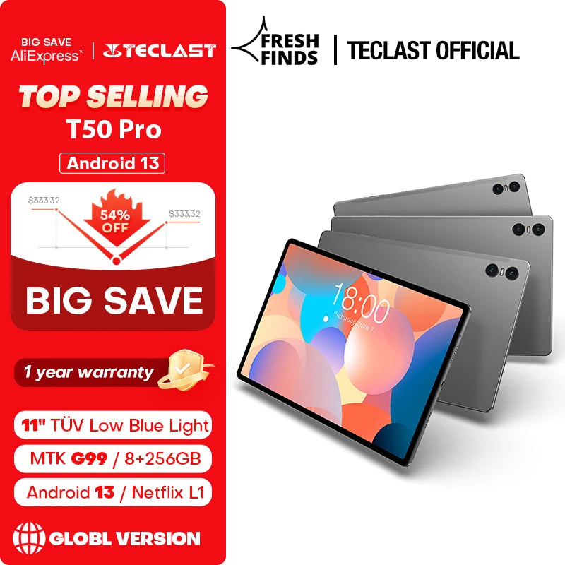 Teclast T50 Pro Android 13 Tablet MTK G99 11" TDDI 2K Full HD 8GB RAM 256GB ROM Dual 4G LTE Type-C 8000mAh 18W PD Fast Charging