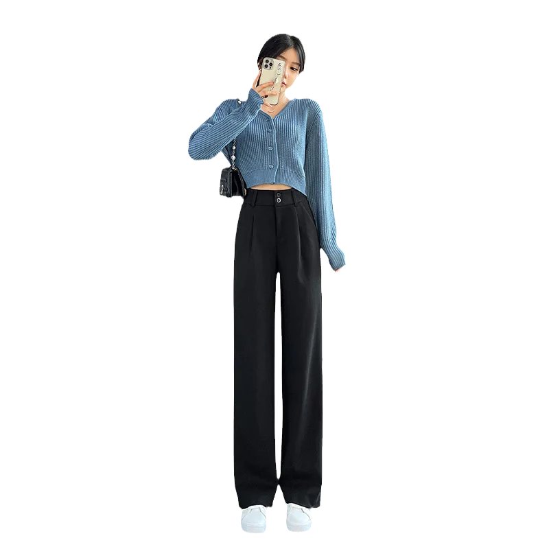 2024 Women's Autumn Winter New Woolen Wide-leg Pants Female High Waist Straight Pant Ladies Loose Warm Casual Trousers L403