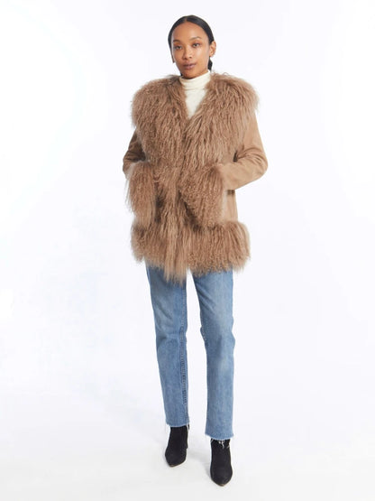 RR2814 Faux Mongolian Fur Trim Coats  Women Fully Cotton Lined Suede Maxi Winter Jackets Warm Faux Fur Short Coats Hook Closure