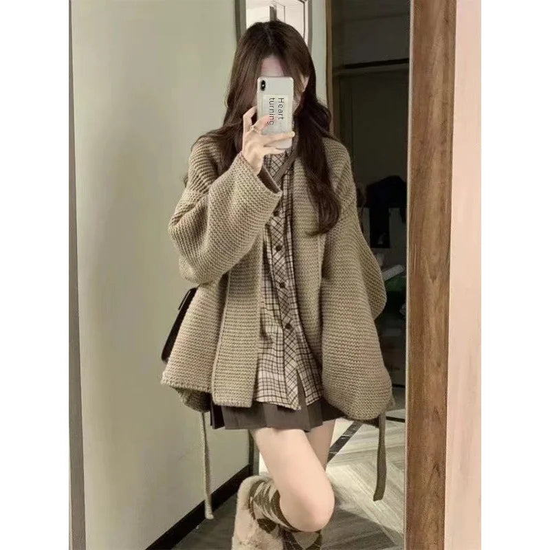 Autumn/winter Women's Knitted Cardigan Shirt Mini Dress Three-piece Set Soft Comfortable Korean Style New For 2023