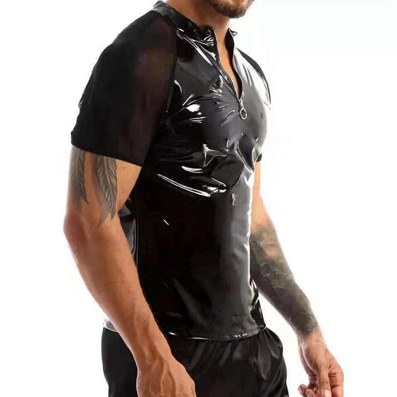 Men Shiny Shirt Wetlook Patent Leather Short Sleeves Summer Sexy T-shirt Sheer Mesh Zipper T-Shirts Tops Clubwear Casual Clothes