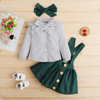 1-4 Years Fashion Kids Girl Clothing Set Long Sleeves WaveShirt+Strap Skirt+Headband 3PCS Costume Spring Autumn Girl Outfit Suit