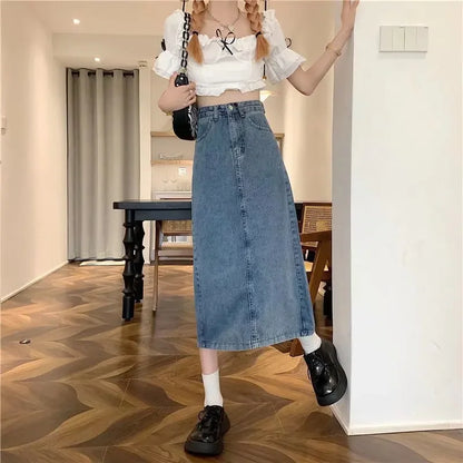 Charcoal Greydenim Skirt Women's Medium-length High-waisted Slimming Vintage Fashionable Spring Autumn New Style A- line Skirt