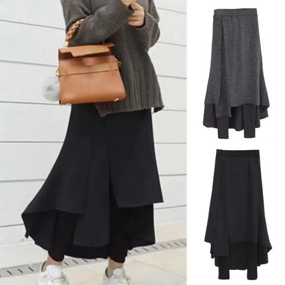 Trousers Skirt High-Waist Elastic Waistband Thickened Leggings Skirt Women Fake Two Piece Fleece Lining Maxi Skirt