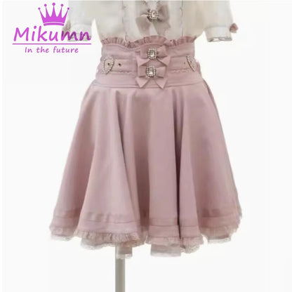 Mikumn Harajuku Lolita Style Sweet Bow Pearl Buckle High Waist Pleated Skirt Y2k Gothic Girls Japanese Kawaii A-line Mini Skirt