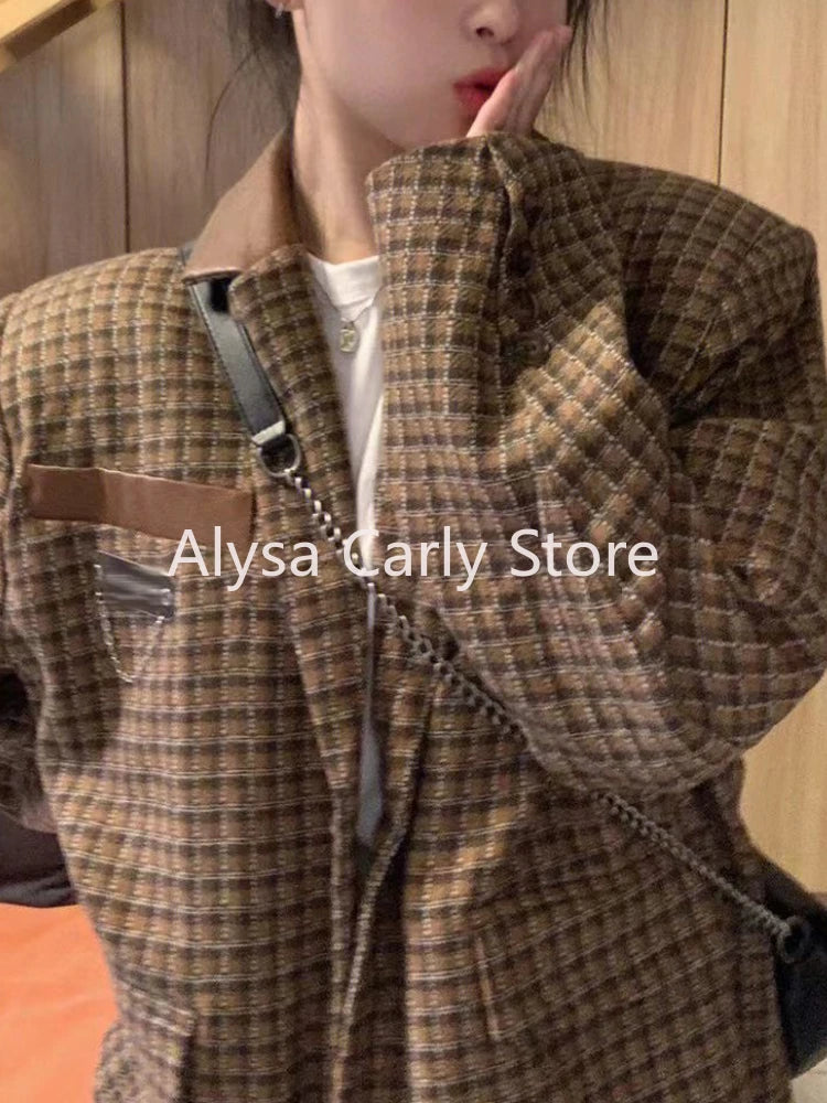 Autumn Elegant Vintage Blazer Women High Street Chic Plaid Design Outerwear Female Streetwear British Fashion Trend Winter Coat