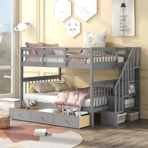 Beds Full Over Full Bunk Bed with Stairs Storage and Drawers Solid Wood Bunkbed can be Separated into 2 Platform Bedframe Gray