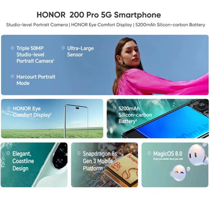 Original Global Version HONOR 200 Pro Snapdragon 8s Gen 3 5G Smartphone 6.78'' 120Hz AMOLED Display Support HONOR 100W