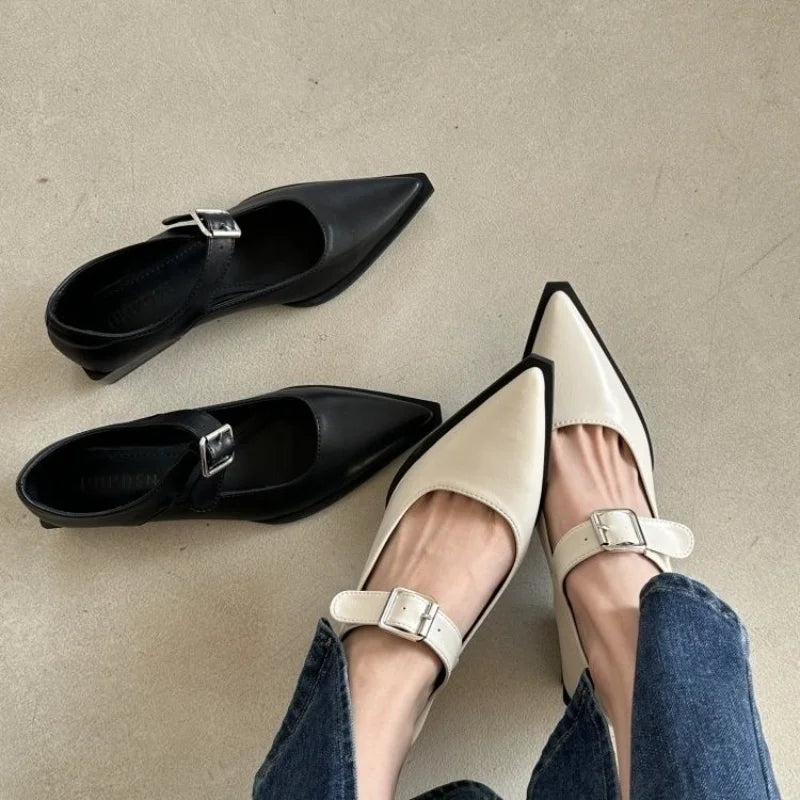 2023 Spring Mary Jane Shoes Pumps Women Low Heels Elegant Leather Pointed Toe Footwear Party Office Lady Shoes