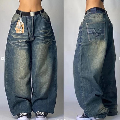 2024 American New Washed Black-gray Baggy Jeans Y2K Harajuku Style Korean Women Retro Gothic Straight High Waist Wide Pants