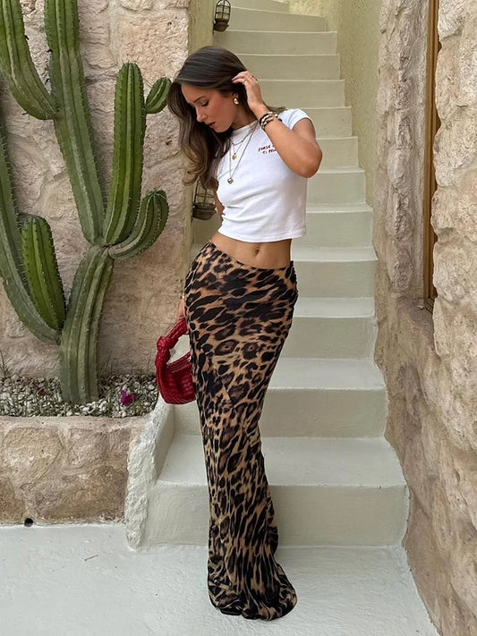 HOUZHOU Vintage Leopard Print Maxi Skirt Women 2024 Chic Y2k High Waist Sexy Tight Floor-length Skirt Ladies Summer High Street