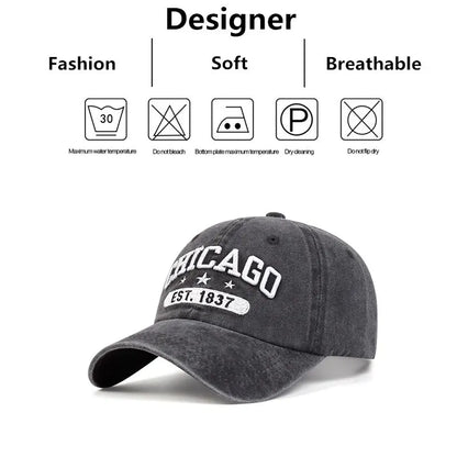 Unisex CHICAGO Letter Embroidery Wash Baseball Caps Spring and Autumn Outdoor Adjustable Casual Hats Sunscreen Hat