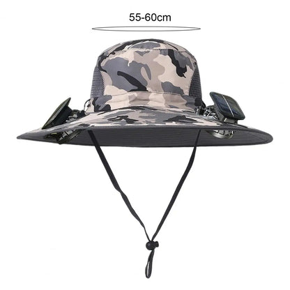 Summer Solar Fan Hat Camouflage UV Protection USB Rechargeable Wide Brim Dual Cooling Fan Breathable Hiking Sun Hat For Outdoor