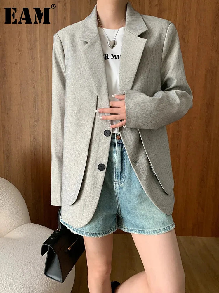 [EAM] Women Gray Double Layers Big Size Elegant Blazer New Lapel Long Sleeve Jacket Fashion Tide Spring Autumn 2024 1DH6699