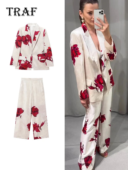 TRAF Elegant Print Blazer Suit and Wide Leg Pants Two 2 Piece Sets Outfits For Women 2024 Classic OL Work Street Outfit Tracksui