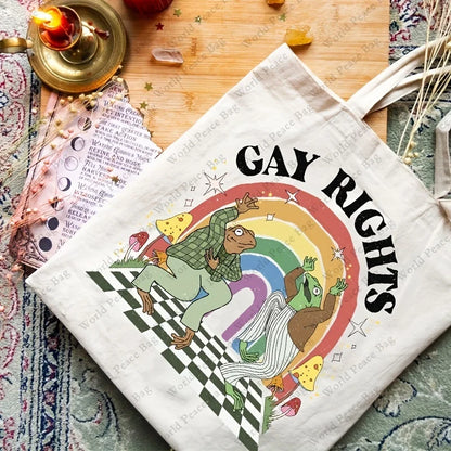 Frog & Toad Pattern Casual Canvas Tote Bag, Shopping Bag, Reusable Foldable Storage Tote Bag Handbag gay pride shoulder bag