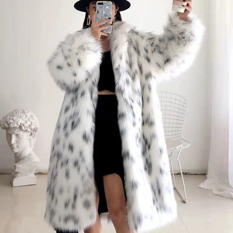 Faux Fox Fur Plus Size Coat  Mid Length Long Sleeve Jacket Casual Loose Cardigan Fur Coat Women White Fleece High Quality Coat