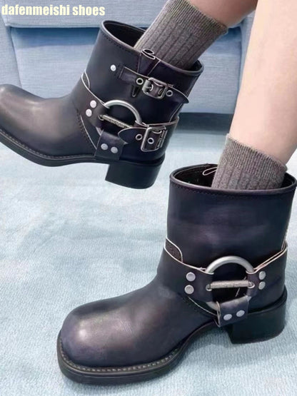 2024 New Fashion Boots for Women Metal Buckle Retro High Heel Short Boots Black/brown Thick Heel Platform Punk Motorcycle Boots