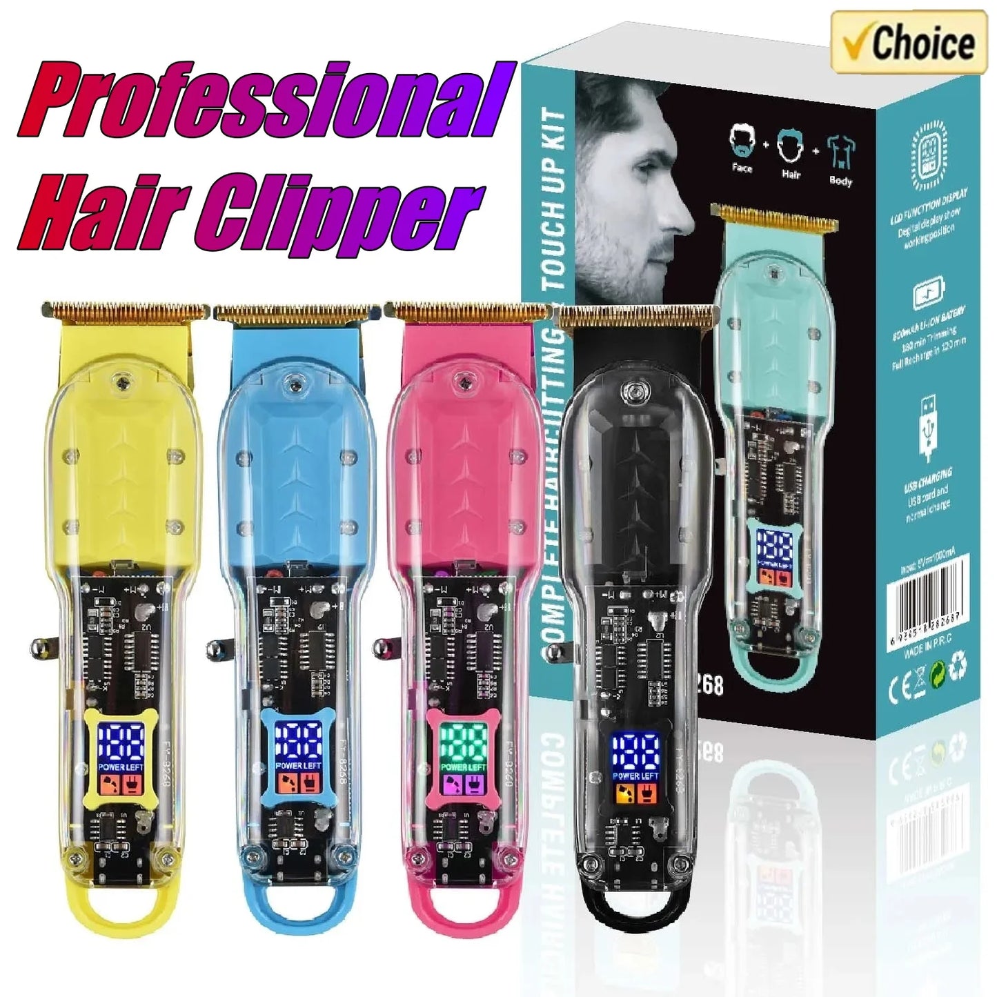 Rechargeable Hair Clippers Professional Hair Clippers Transparent Electric Hair Trimmers For Men Cordless Hair Cut Machine