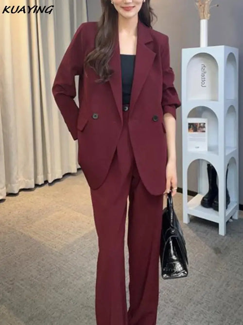 Autumn Burgundy Blazer Pantsuit Korean Fashion Vintage Loose Jacket Pants 2 Piece Set Female Business Casual Trousers Outfit New