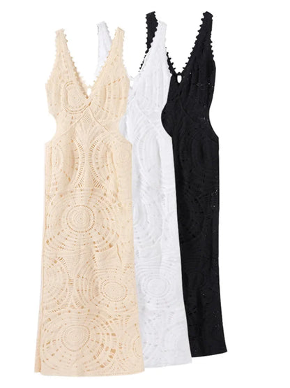 Crochet Hollow Out Chic Maxi Dress Women Sexy V-neck Sleeveless Backless Slim Knit Dresses 2024 Summer Vacation Beach Vestidos