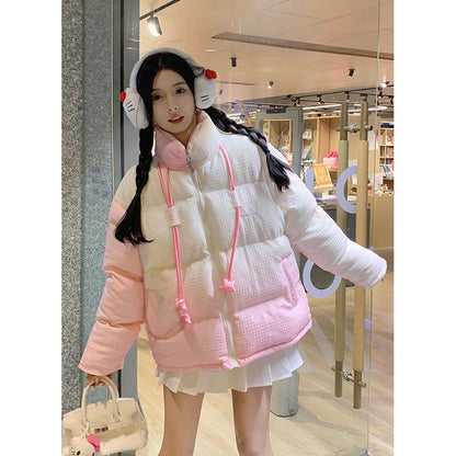 Autumn Winter Women Pink Down Jacket Korean Style Loose Cute Bunny Design Cotton-padded Coat Thick Warm Outerwear Female Y2K