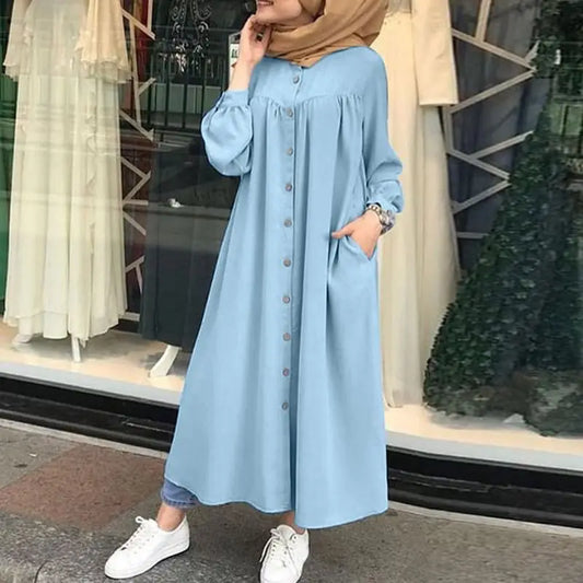 Women's Muslim Abaya Robe Abaya Modest Long Sleeve Round Neck Single Breasted Dresses Kaftan Ramadan Casual Loose Long Dress