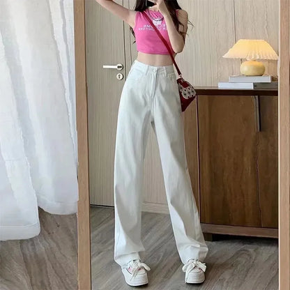 Fashion Artistic Lightweight Women Trendy Wide-legged Pants Simple Style Solid High-Waist Design Suitable Casual White Trousers