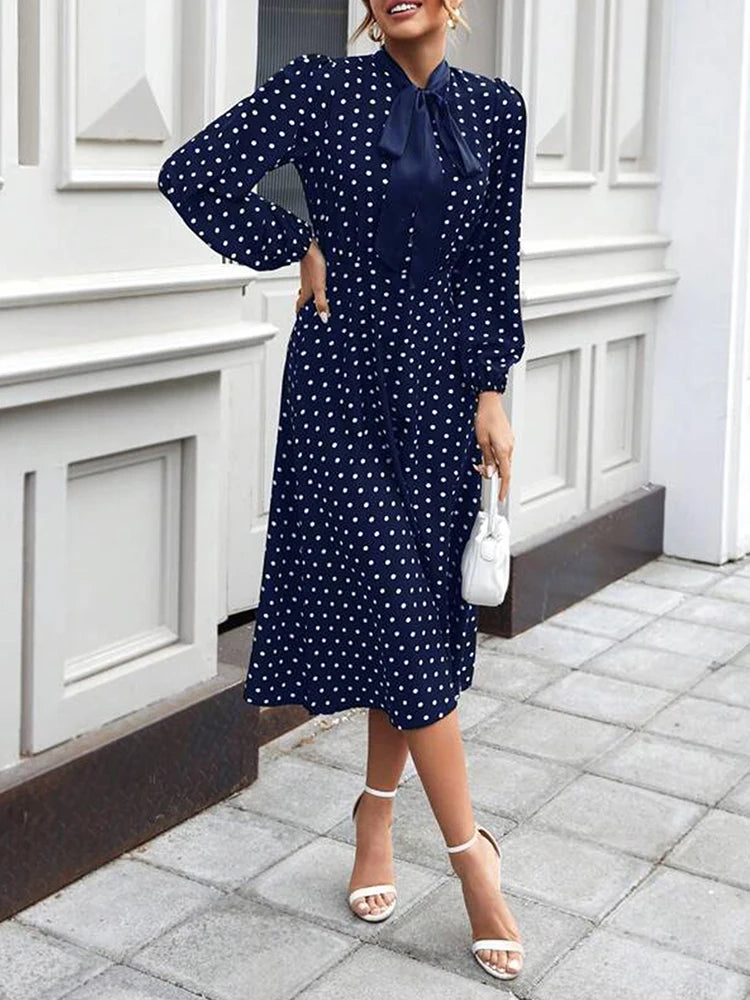 Women's Fashion French Full-body Polka Dot Print Tie Lantern Sleeve Small Stand Collar With Bow A Swing Dress