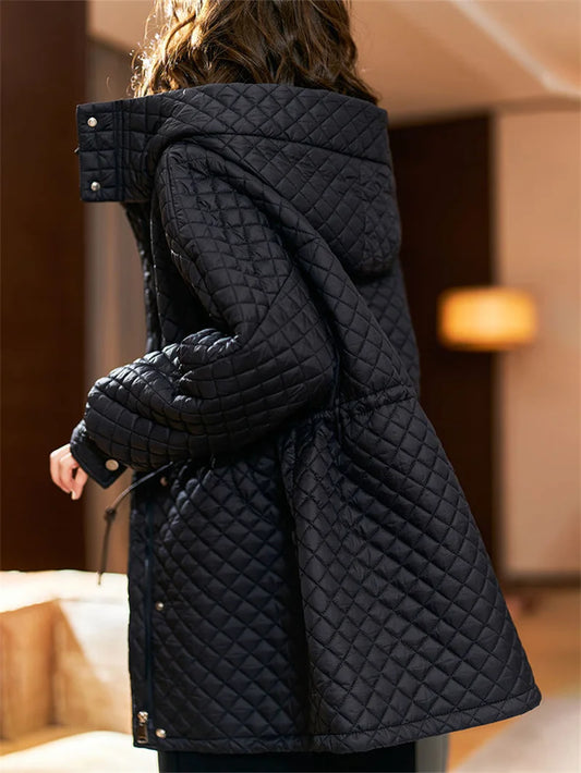 2023 Spring Autumn European Station Mid Length Loose Hooded Padded Coat Women New Korean Rhombic Thin Black Cotton-padded Jacket