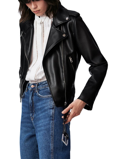 Women's Faux Leather Motorcycle Jacket PU Slim Short Biker Coat