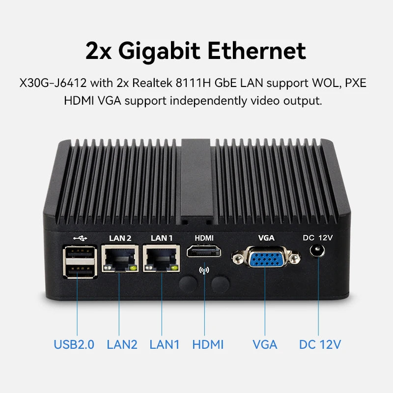 Fanless Mini PC 12th Gen Intel Celeron J6412 DDR4 M.2 SSD 2x GbE LAN RS232 RS485 Support WiFi 4G LTE Windows 10/11 Linux