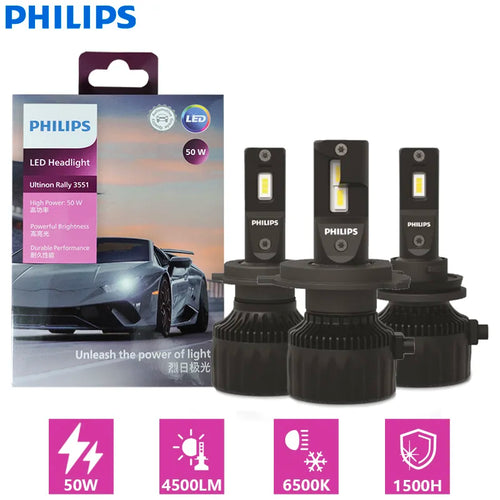 Philips Ultinon Rally 3551 LED H4 H7 H11 HB3 HB4 HIR2 Max Power 50W 4500LM Car Headlight 6500K White Max Lumen Watt LED Bulbs 2X