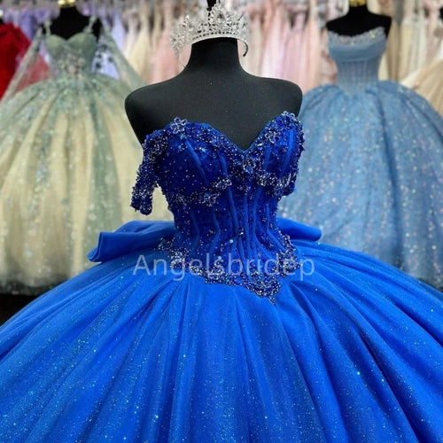 Angelsbridep Glitter Beading Royal Blue Ball Gown Quinceanera Dress With Big Bow Party Dresses Vestidos 15 Años Quinceañera