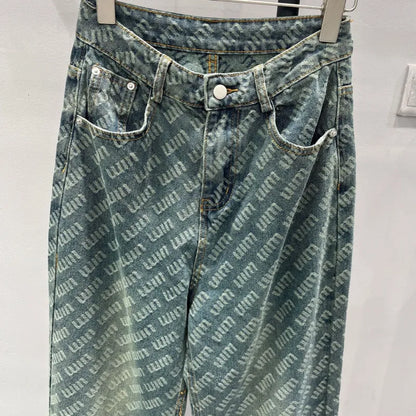 2024 Spring/Summer New Jeans Women's Korean Letter Printed Loose Versatile High Waist Wide Leg Pants