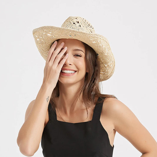 Spring and summer new hand-woven straw hat breathable hollow hat sunscreen sun hat western cowboy hat