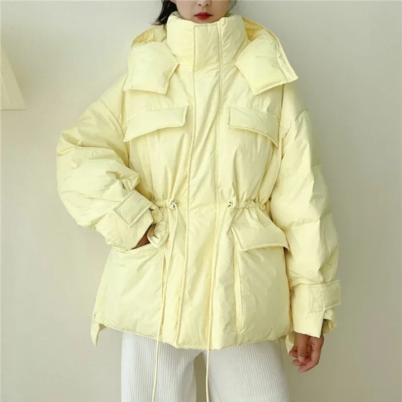 New Winter Hooded Parkas Warm Jacket Women's Down Cotton Coat Irregular Fluffy Bubble Drawstring Waist Loose Coat Cotton Coat