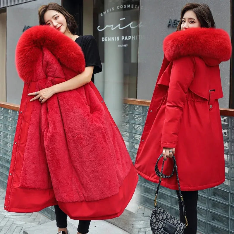 Winter Jacket 2024 New Women Parka Long Coat Wool Liner Hooded Jacket Fur Collar Thick Warm Snow Wear Padded Fashion Parka