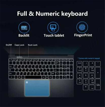 Laptop 15.6"32GB+2TB Intel Celeron N5095 Windows 11 Office notebook Backlit Keyboard Fingerprint Unlock Computer Study gamer PC