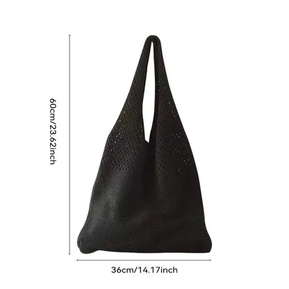 Female Simple Retro Cabas Solid Color Hollow Knitted Handbag Knitting Woolen Large Capacity Single Shoulder Bag