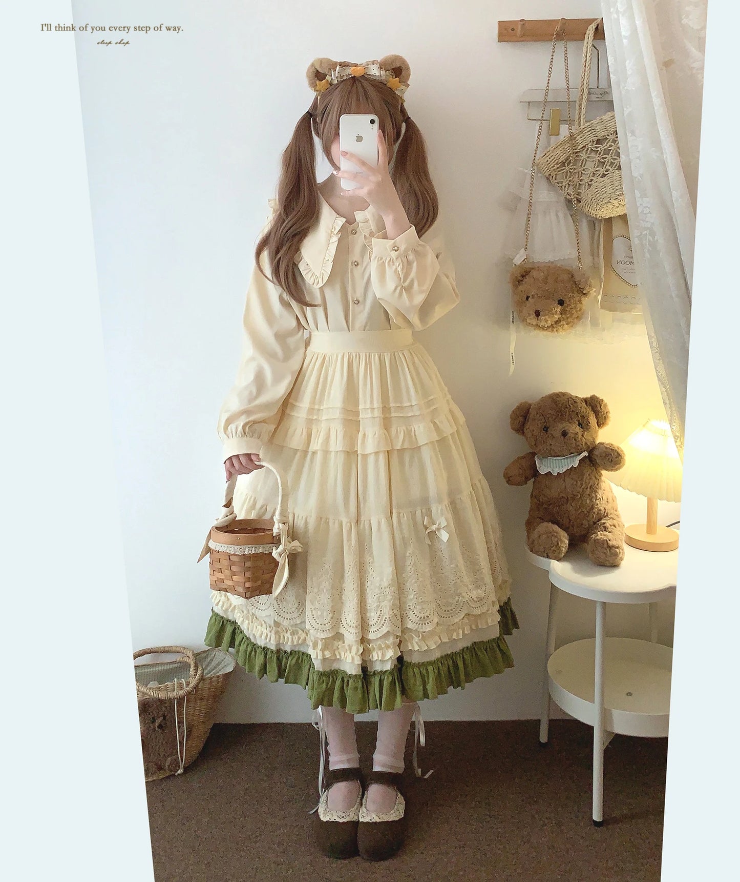 Japanese Mori Artistic Style Embroidered Lace Bow Ruffled Elastic High Waist A-line Retro Casual Lolita Long Skirts for Women