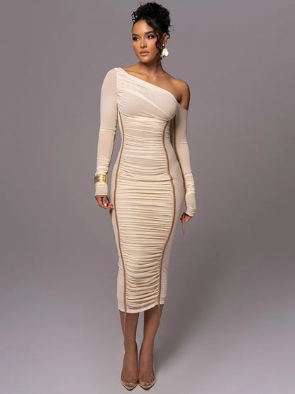 Diagonal Collar Long Sleeve Midi Dress For Women Two Layer Mesh Backless Ruched Bodycon Club Party Sexy Long Dress