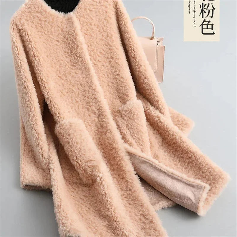 2024 Winter Women New Korean Granulated Sheep Shearling Fur Coat Cardigan Female Mid-Length Lamb Hair Faux Fur All-in-one Coat