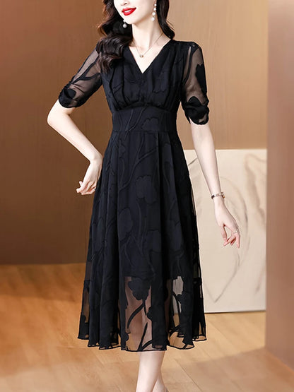 2024 Black Floral Chiffon Dress Summer Casual Midi fashion Women Dress Vintage Elegant V-Neck Party Evening Luxury Long Dresses