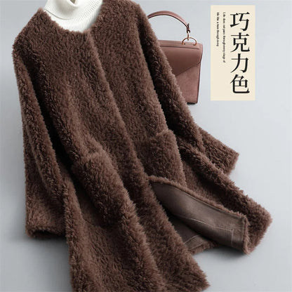 2024 Winter Women New Korean Granulated Sheep Shearling Fur Coat Cardigan Female Mid-Length Lamb Hair Faux Fur All-in-one Coat